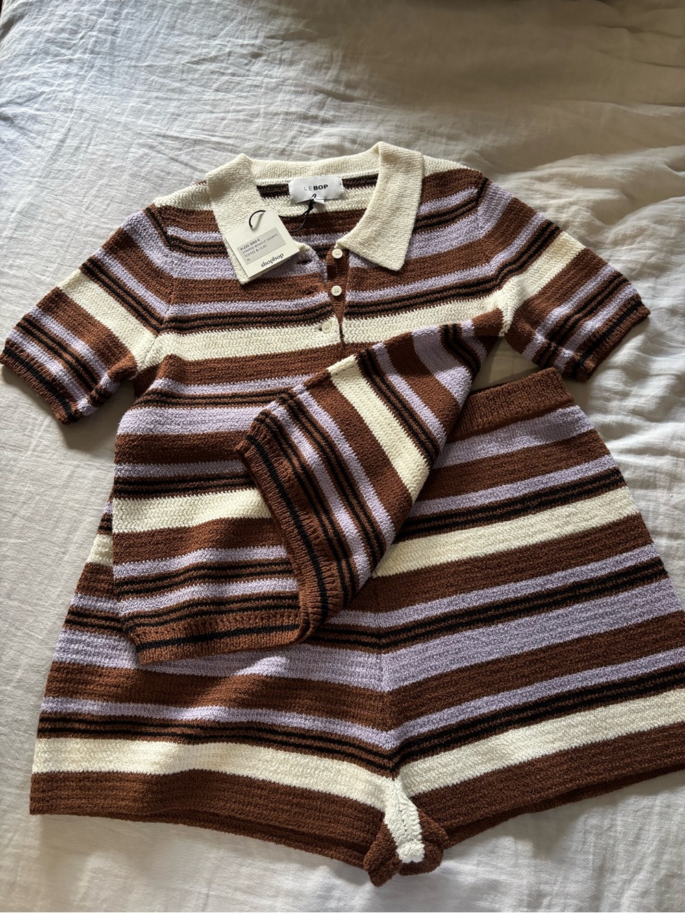 NWT LE BOP Striped Boucle Polo & Shorts Set Toffee Lilac XL